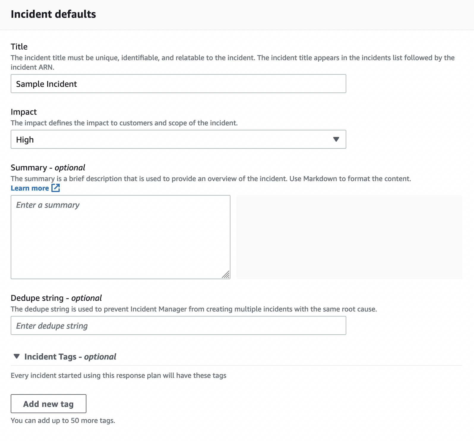 AWS Incident Manager Incident Defaults