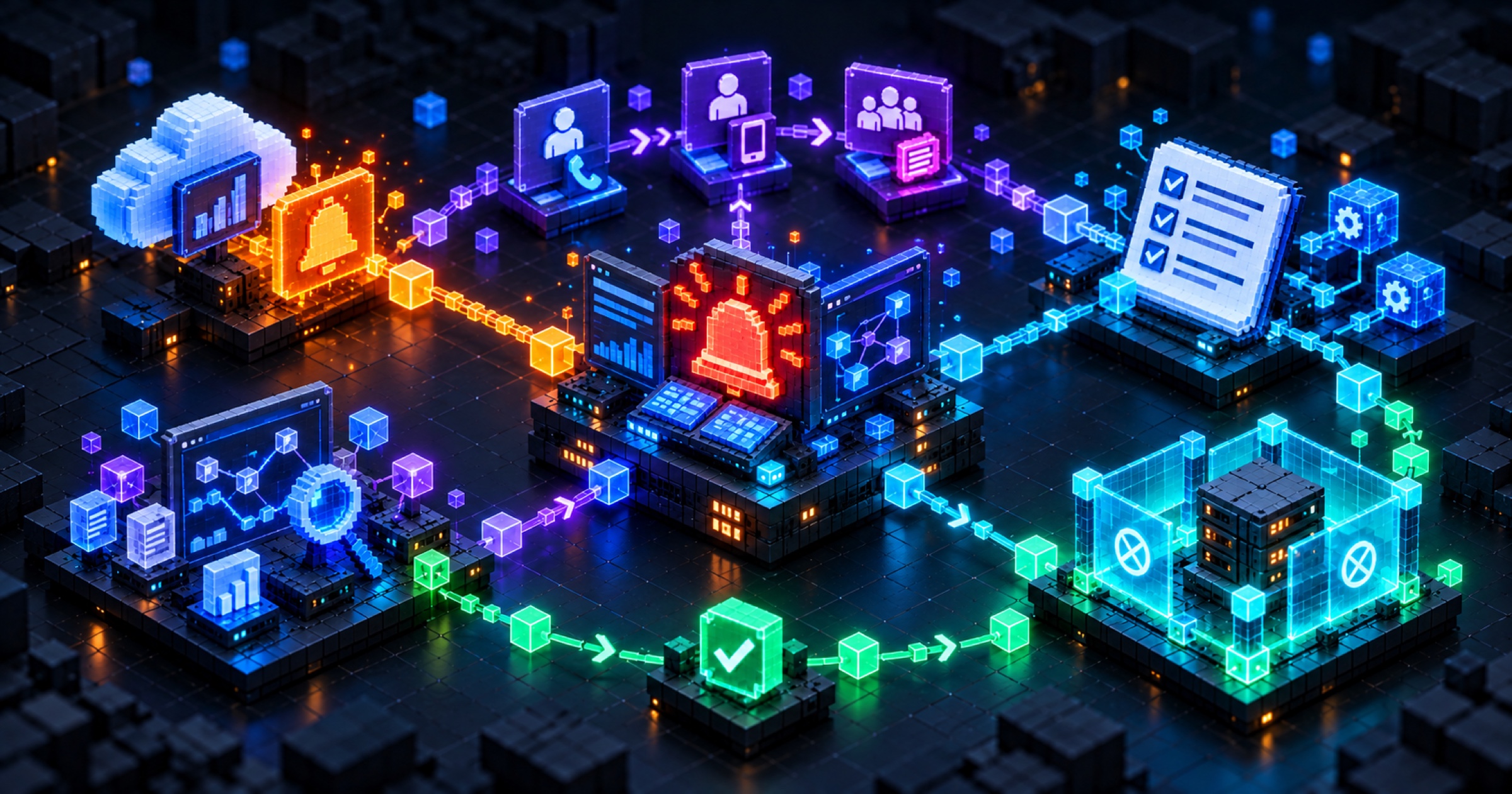 Isometric AWS incident lifecycle connecting alarms, contacts, escalation, runbooks, EC2 isolation and analysis